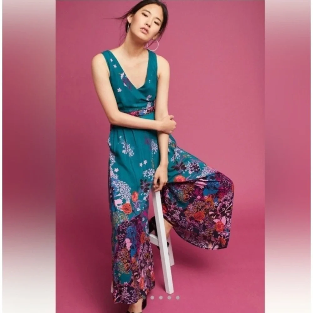Anthropologie Maeve Floral Wide Leg Jumpsuit Teal Blue Sleeveless Sz 12 Boho